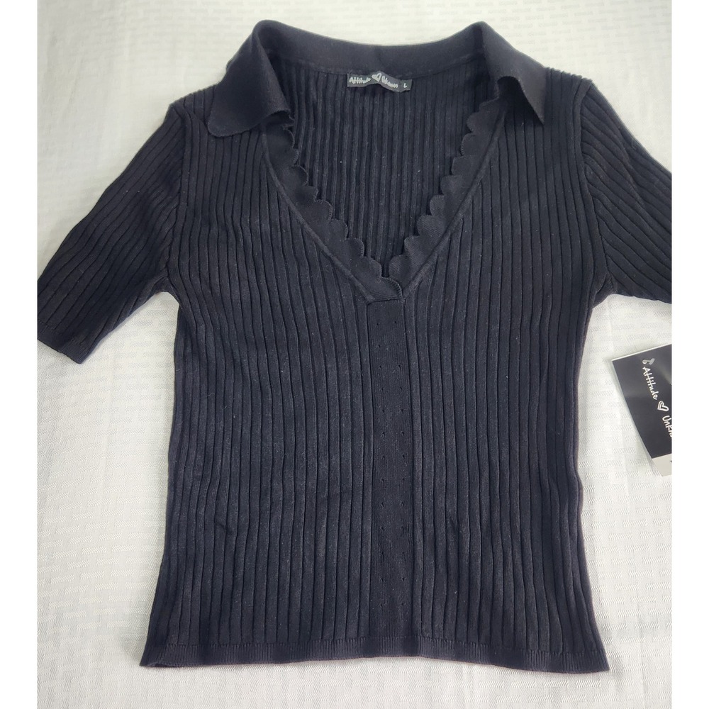 Attitude Unknown Womens Black Scalloped V-Neck Ribbed Short Sleeve Top Large NWT